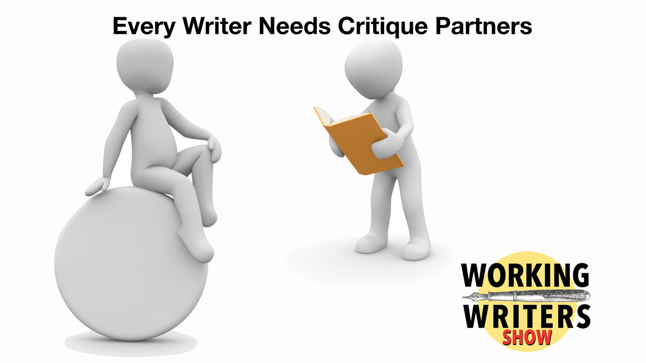 Two figures discussing a book beside the Working Writers logo and episode title.