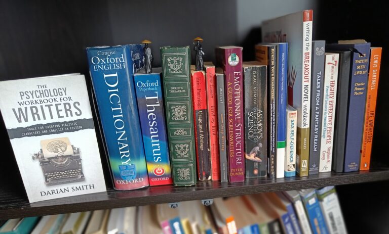 Pete’s shelf of reference books and writing resources.
