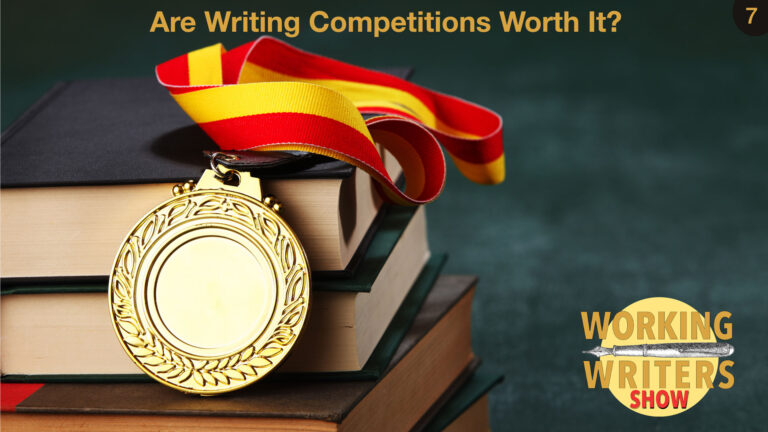 Gold medal resting on stacked books with the title “Are Writing Competitions Worth It?”